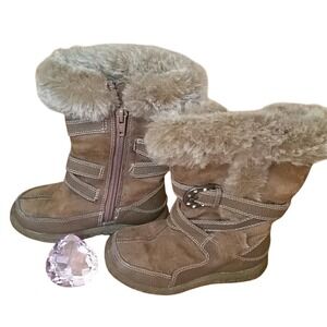 Smart Fit Toddler Girls Size 6.5 Fuzzy Brown Boots With Rhinestone Buckle